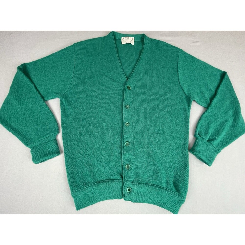 Jeff Links Cardigan Sweater Men's L Green Vintage 1970s USA Classic Grandpacore